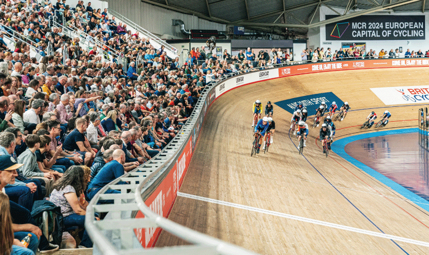 Riders on Velodrome track at National Track Championships Manchester 2024
