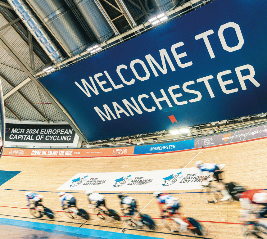 Riders on Velodrome track at National Track Championships in Manchester