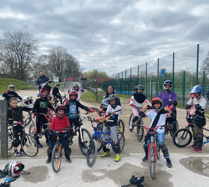 HAF kids receiving BMX lessons at Platt Fields Park