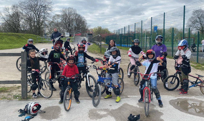 Kids at Platt Fields Park BMX Track during Easter Holidays