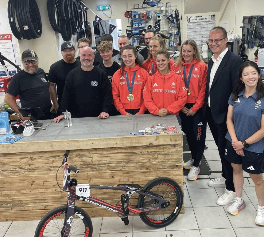 Team GB Cycling stars and MAnchester Bike Kitchen Staff at National Cycling Centre