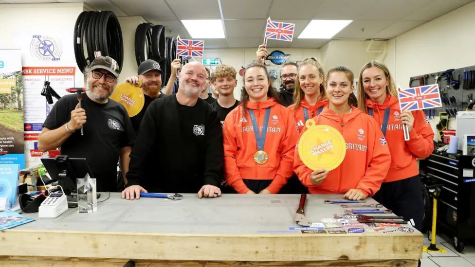 Team GB Cycling stars and MAnchester Bike Kitchen Staff at National Cycling Centre