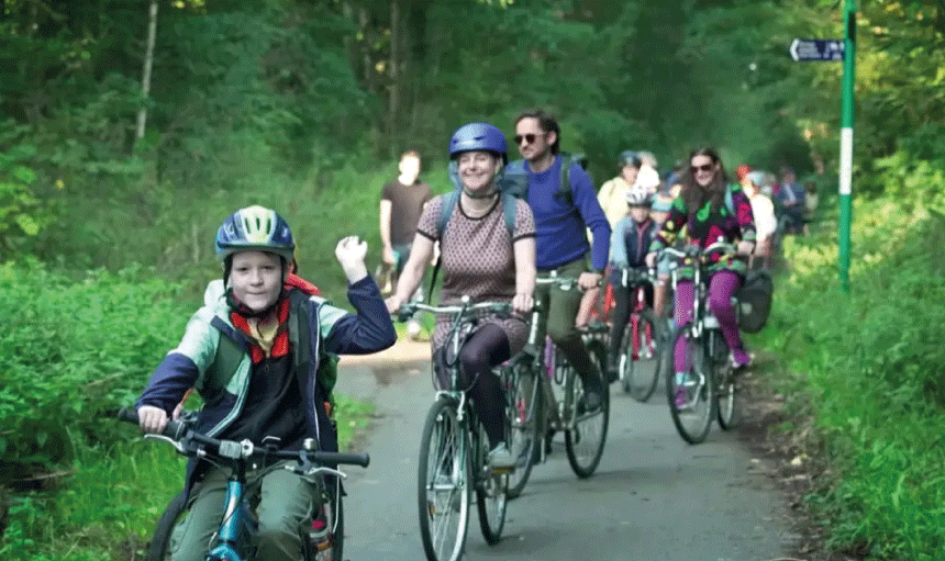 Primary School 'Bike Bus' with parents and kids riding to school