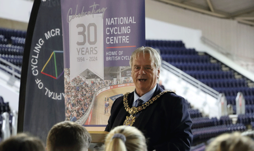 Lord Mayor of Manchester speaking at the National Cycling Centre's 30th Anniversary event