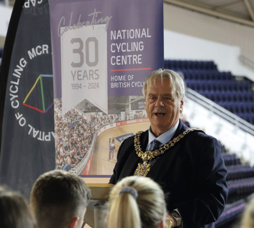 Lord Mayor of Manchester speaking at the National Cycling Centre's 30th Anniversary event