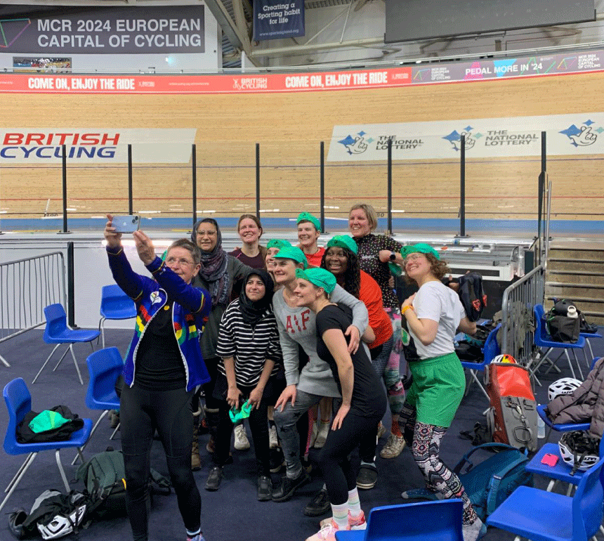 Group of women taking a selfie on the Manchester Velodrome