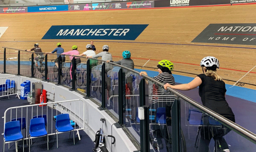 Group of women on bikes on the Manchester Velodrome